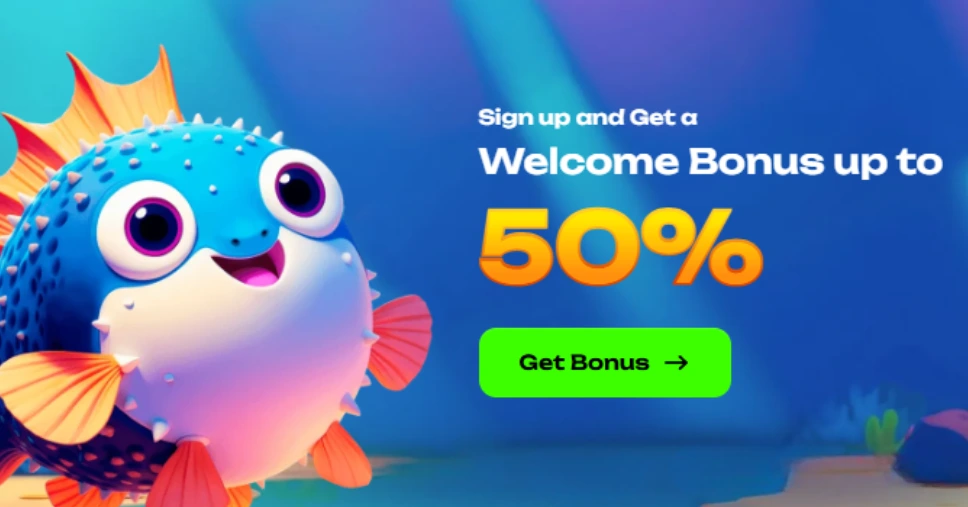 Fugu Casino welcome bonus banner – get up to 50% bonus when you sign up at EU Casinos