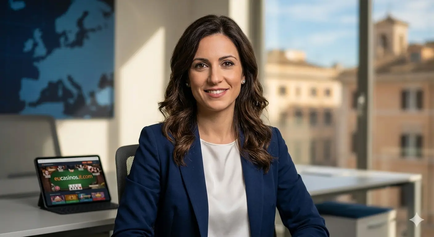 Giulia Conti author profile page on eucasinos.it.com with EU-themed casino logo featuring cards, dice, and stars on a dark blue background